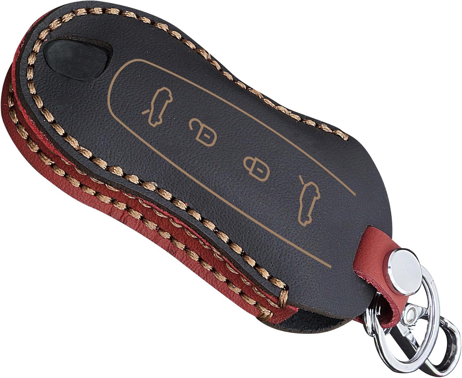 Genuine Leather Smart Key Fob Case Cover Intelligent keycase Slim Fit Keychain Key Holders Key Sleeve Compatible with Cayenne E4 MACAN4 Electric (Black+Red)