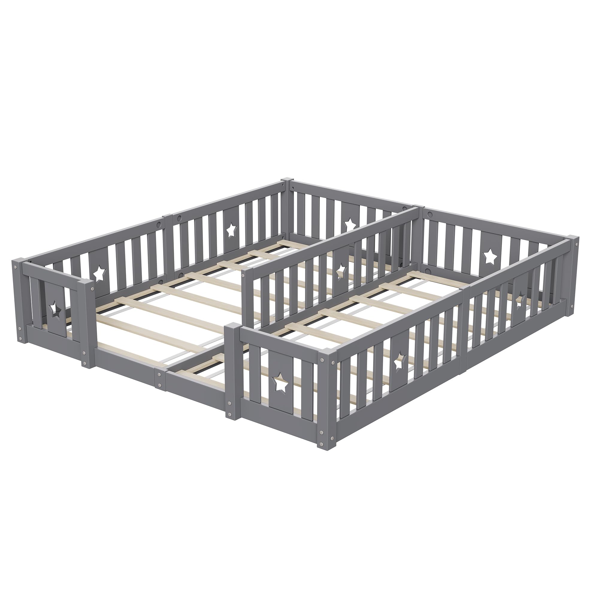 Kinderbett Bodenbett mit Rausfallschutz 180x200, Montessori Kinderbett 180x200 mit Hohem Rausfallschutz & Lattenrost Kinderbetten Holz Modernes Bettgestell Doppelbett für 2 Kinder, Ohne Matratze