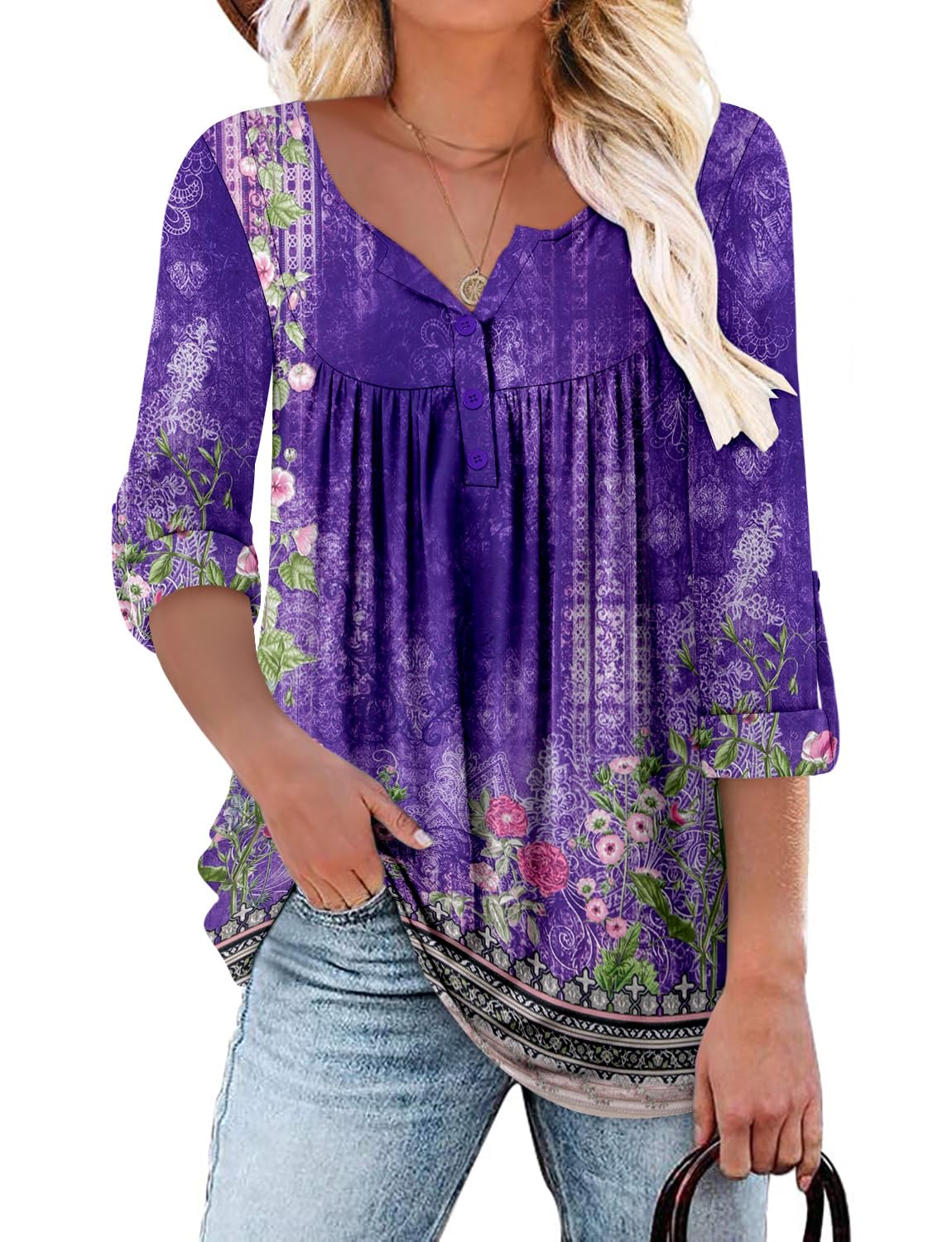 onlypuff Womens V Neck Tops Long Sleeve Tunic Tops Buttons Up Shirts Blouse for Leggings