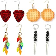 4 Pairs Retro Spooky Earrings Set Guitar Pick Dangle Waffle Charm Drops Colourful Light Bulb Goth Spike Beaded Earrings Rock Music Accessories Gift for Men Women
