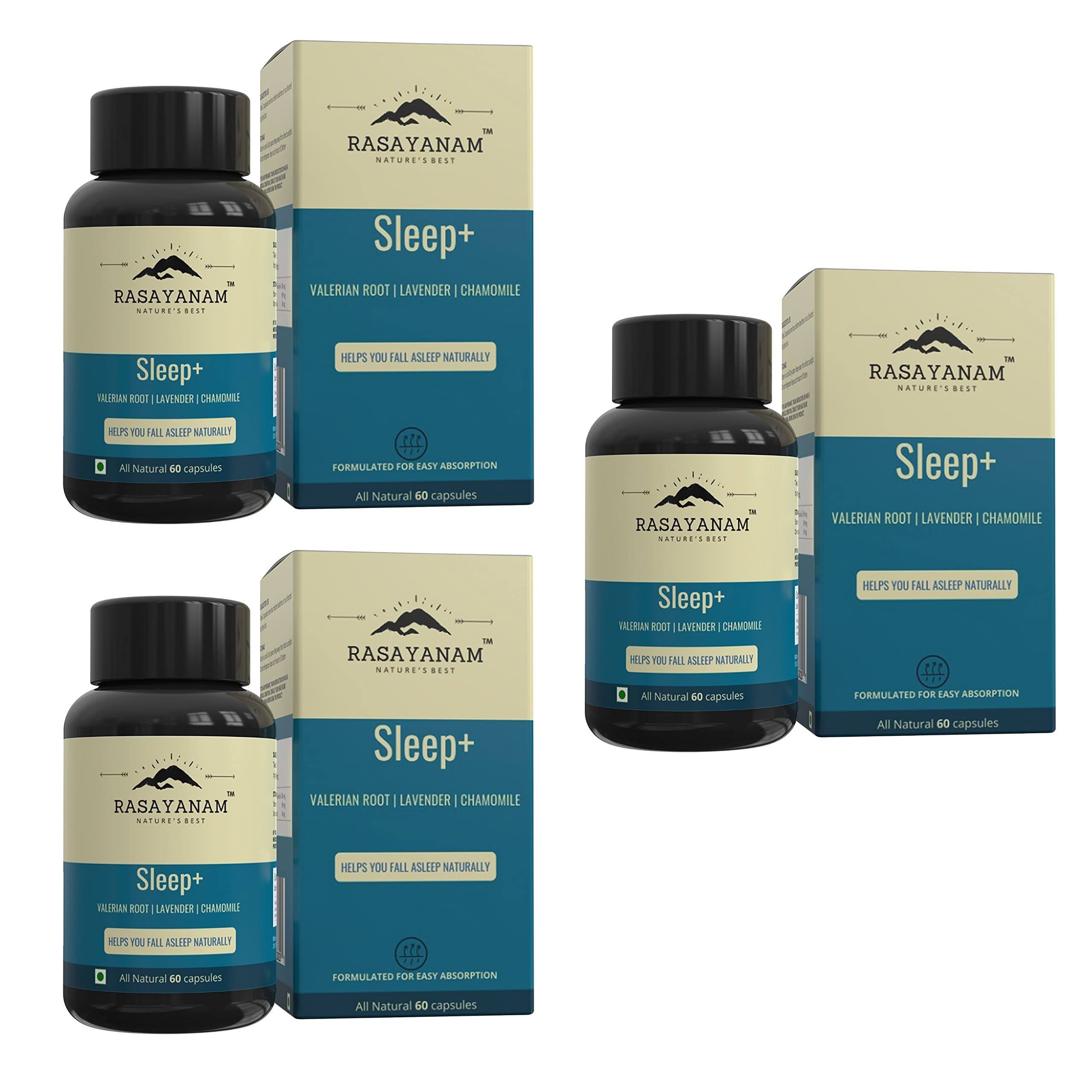 Rasayanam Sleep+ PACK OF 3 | Valerian Root, Lavender, Chamomile | Helps calm & sleep naturally | Non habit forming