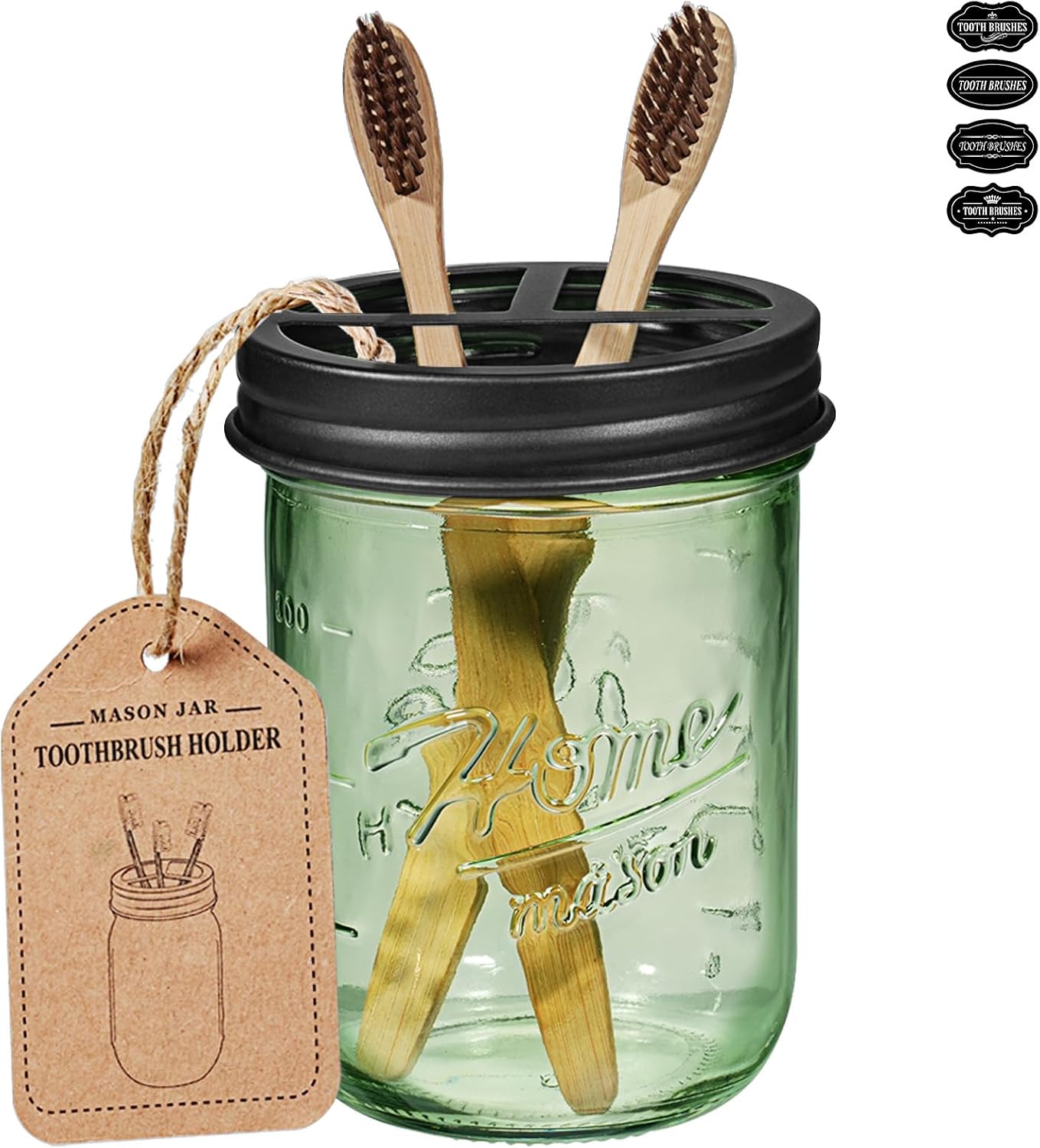 SheeChung Mason Jar Toothbrush Holder, Green Glass Toothbrush Holders for Bathrooms, Electric Toothbrush Toothpaste Holder, Black Toothbrush Organizer Storage, Stainless Steel Lid, Farmhouse Decor