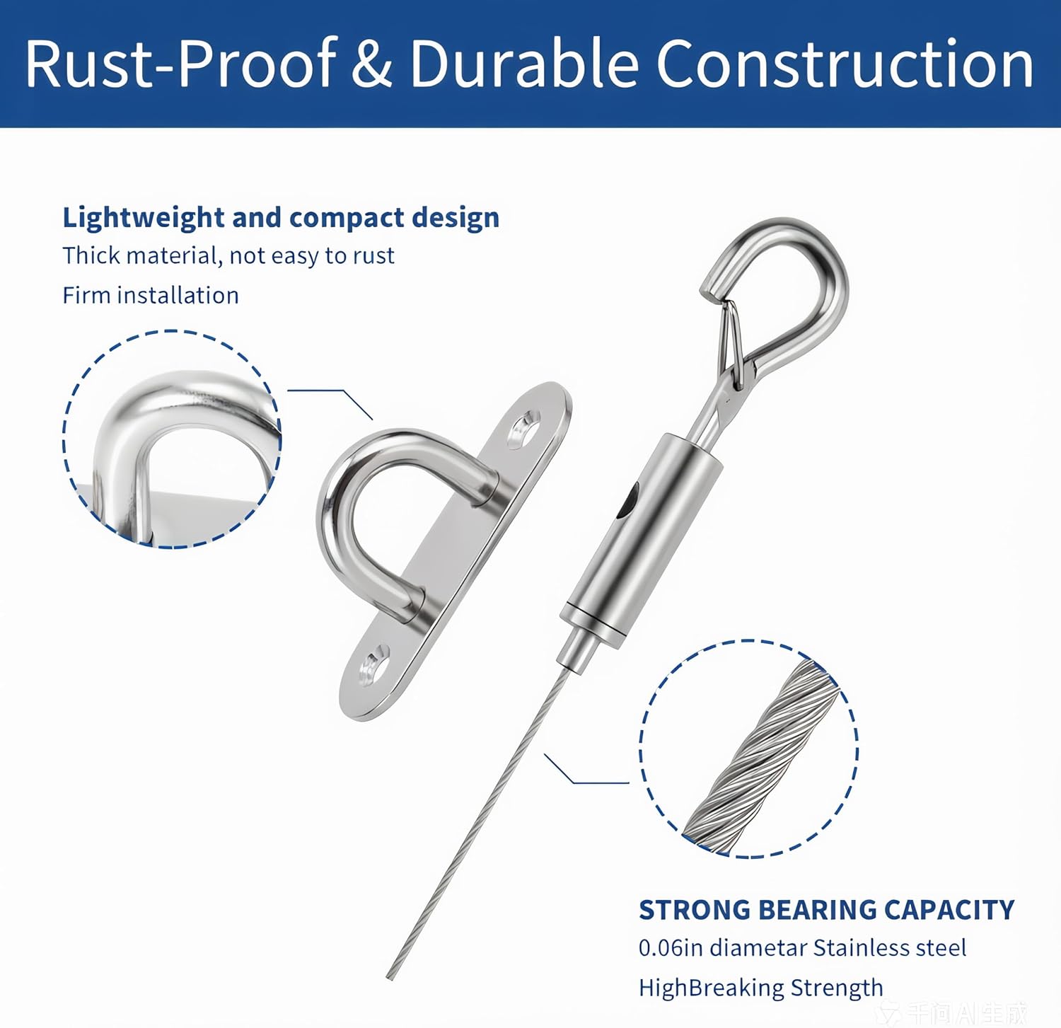 2-Pack Heavy Duty Ceiling Rod Support Bracket, 60" Adjustable Stainless Steel Cable Support for Shower Curtain Rods & Closet Rods, Anti-Sag Support for Curved, L-Shaped & Straight Rods