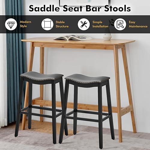 Miniatura 15 de COSTWAY Juego de 4 taburetes de bar de altura de mostrador, taburete de silla sin respaldo de 29 pulgadas de altura con patas de madera de goma,