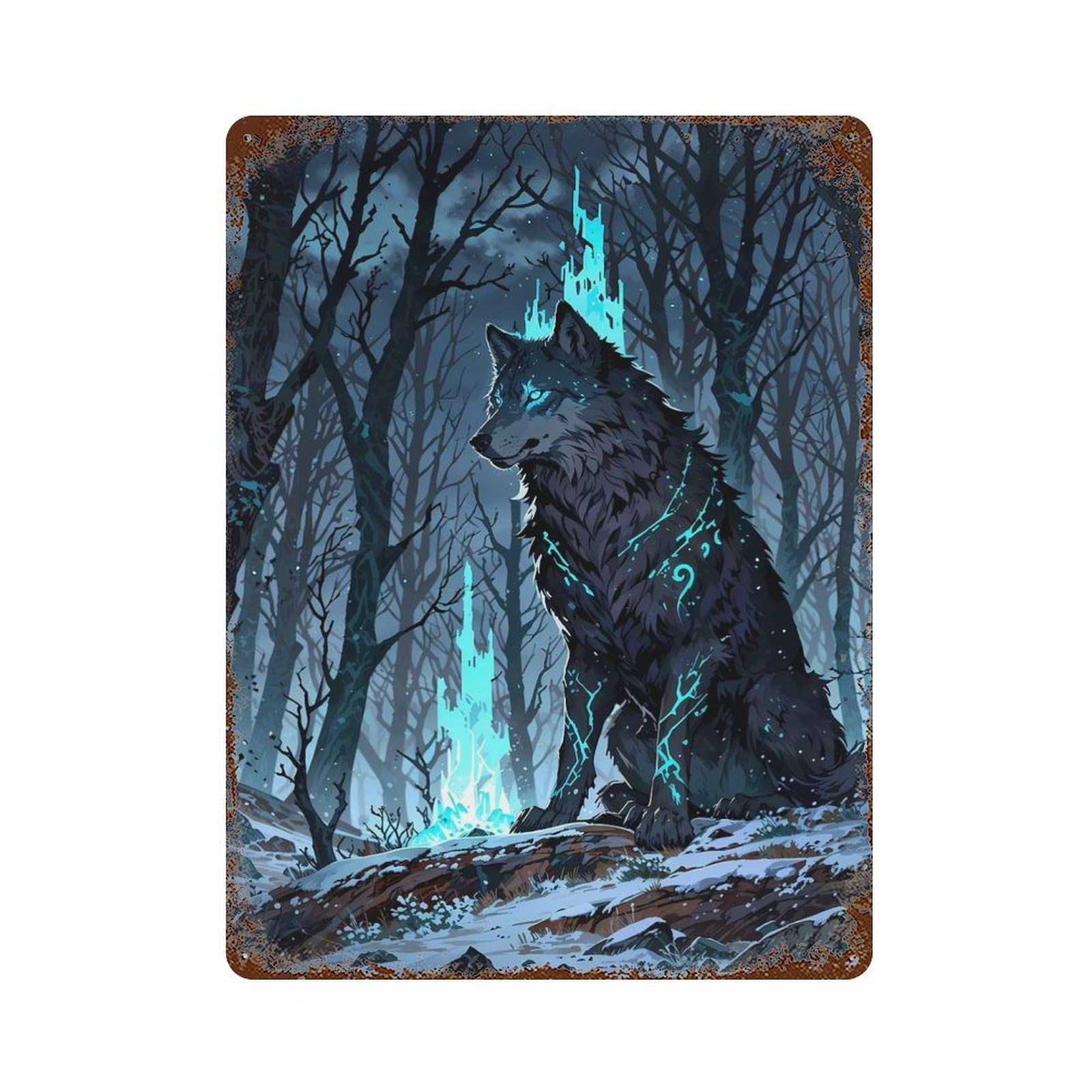 Mystical Wolf in Winter Forest Rusty Metal Tin Sign 15.7"x11.8", Rustic Home Decor for Living Room, Hallway And Home Decor