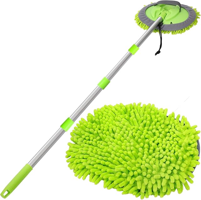 WillingHeart 63" 160 cm Car Wash Mop Brush Tool Mitt with Long Handle Length More Suitable for Washing Cars Truck, SUV, RV, Trailer, 2 in 1 Chenille Microfiber Duster Not Hurt Paint Scratch Free