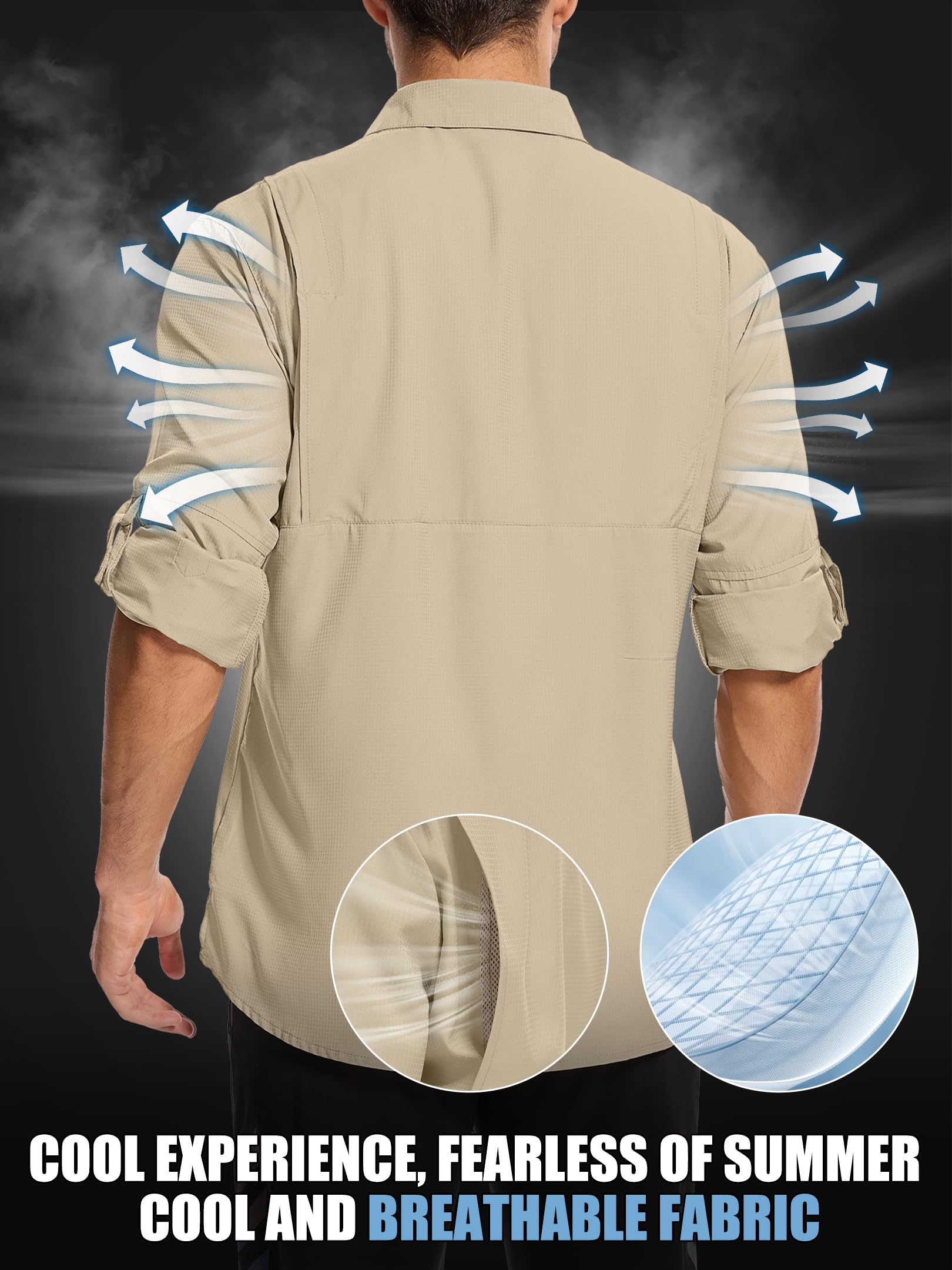 Camisas de Pesca de Manga Larga para Hombre, con protección Solar UPF 50+, Ligeras, de Secado rápido, Estilo Safari, para Acampar, Caqui, Large