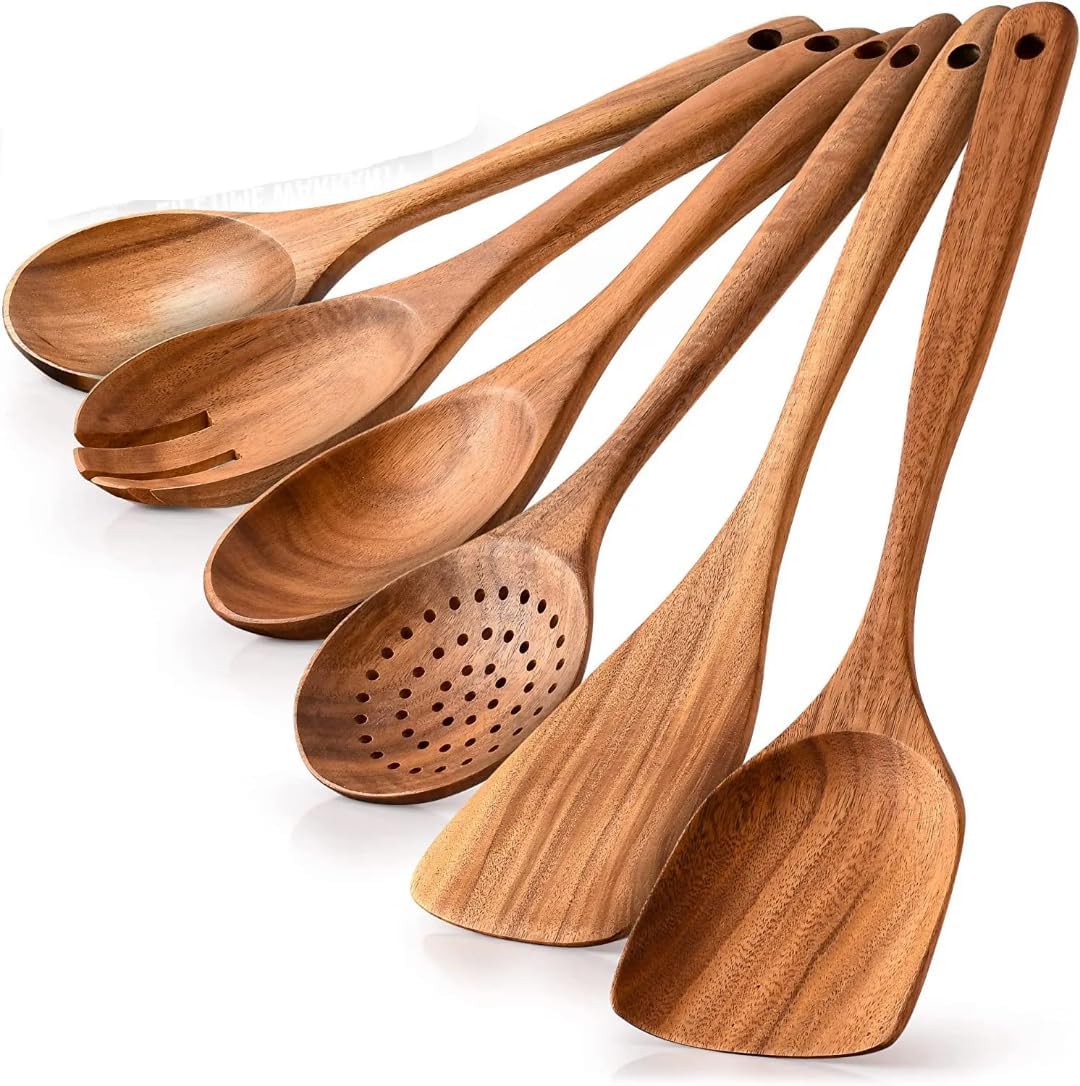 CrwnIndia kitchen Premium & Luxury Teak Wood Cooking Utensils Set – 6-Piece Wooden Kitchen Utensils for Nonstick Cookware – Spatula, Turner, Skimmer, Salad Fork, Serving Spoon – Durable & Eco-Friendly