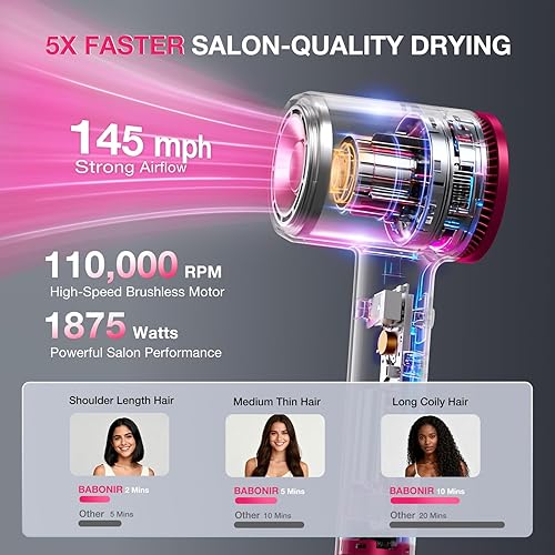 Miniatura 2 de Secador de pelo de alta velocidad de 1875 W con tecnología iónica y de plasma, secador de pelo de secado rápido de 110000 RPM con concentrador