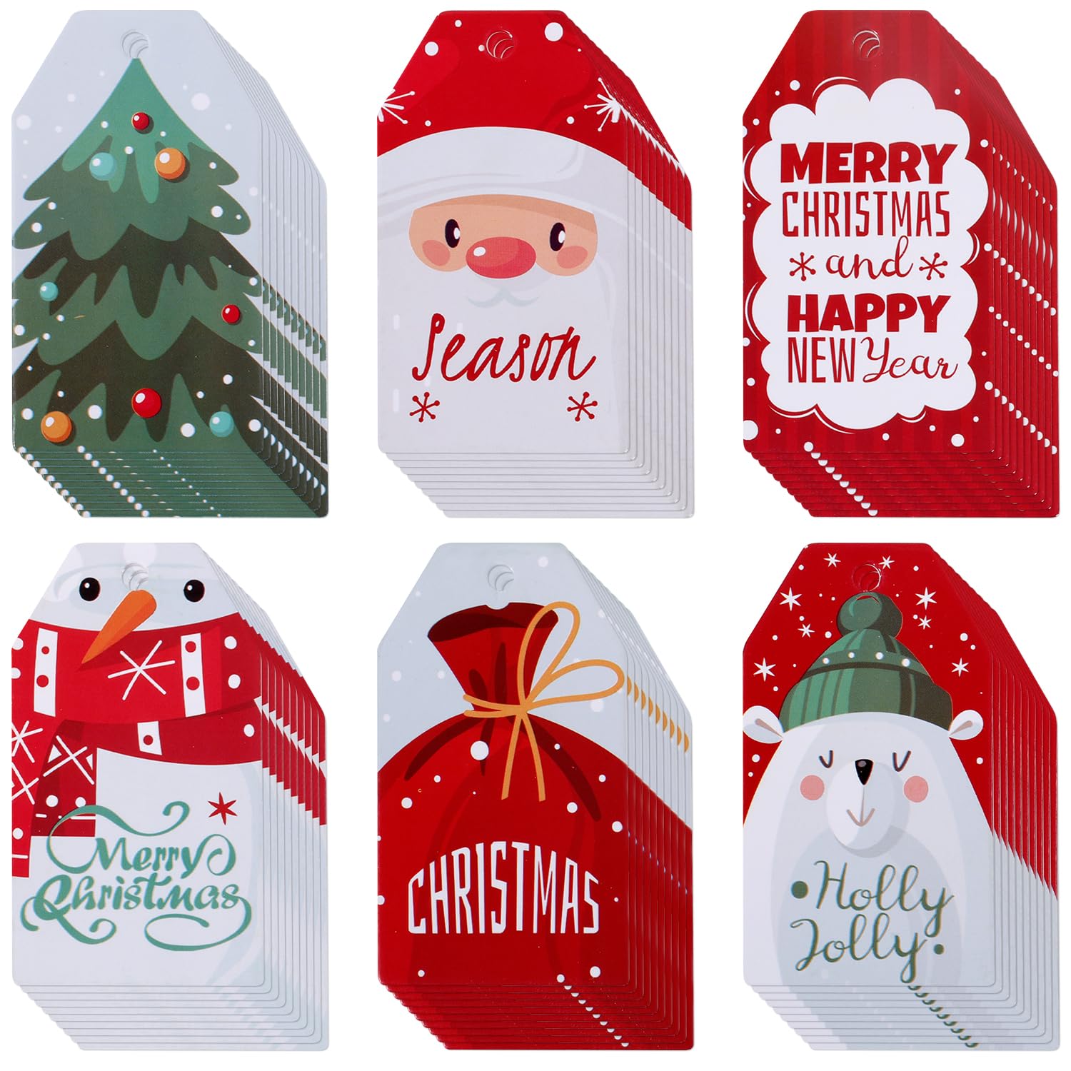 60pcs Christmas Tags, 6 Styles Gift Labels with 60 Strings Paperboard Xmas Tags Christmas Tree Snowman Santa Claus Tags Holiday Tags for Christmas Decoration