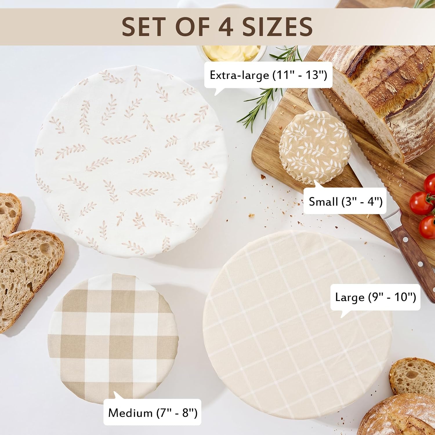 Mindsoft 4 Pcs Reusable Bowl Covers for Bread Proofing, 4/8/10/13 Inch Linen Cotton Blend Bowl Lids with Elastic, Durable Food Covers for Dough Proofing Food Storage Leftover (Cream Color)