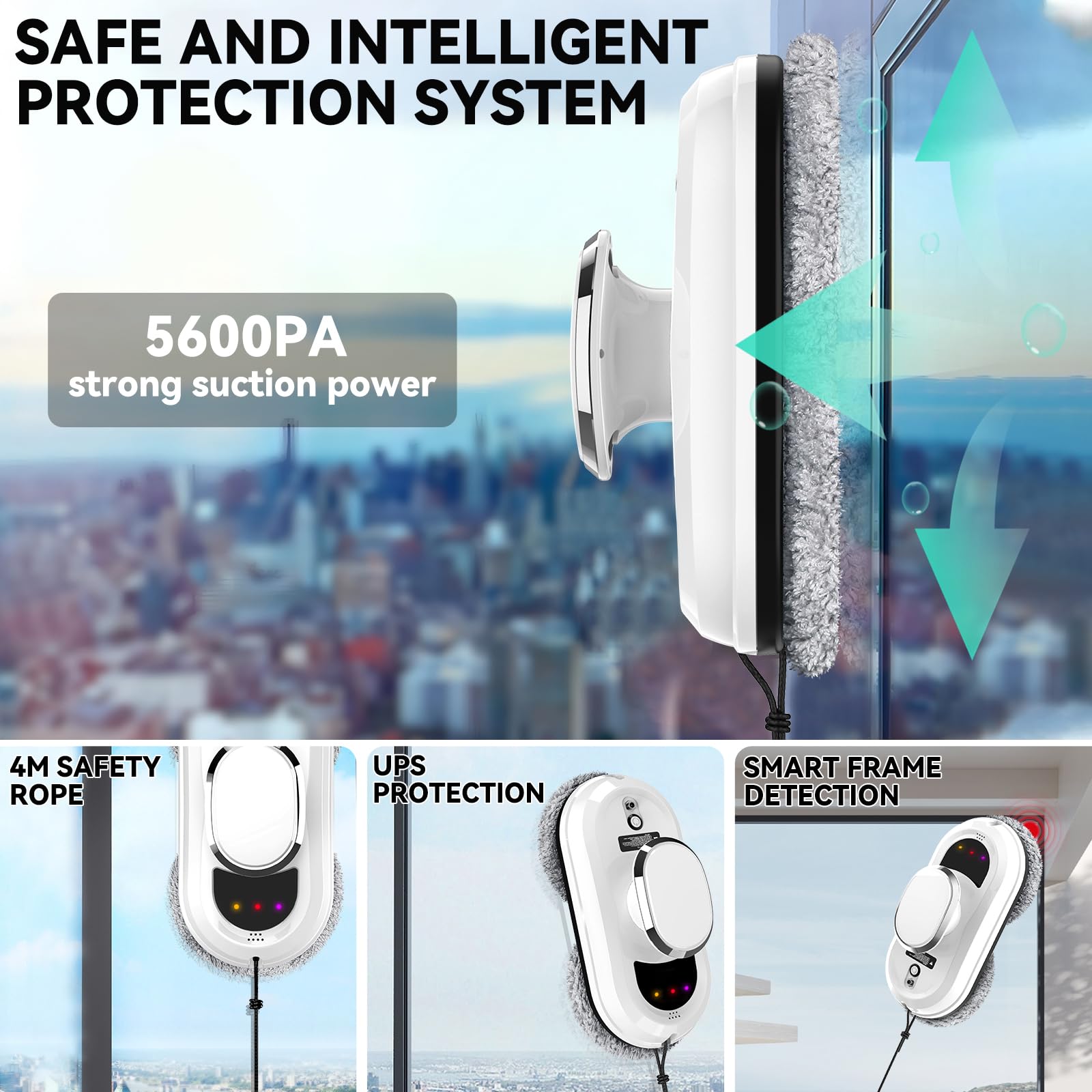 Robot Lavavetri 5600Pa, Robot Pulisci Vetri con 3 Modalità di Pulizia, Sistema di Sicurezza, Rilevamento Intelligente dei Bordi, Telecomando e 10 Panni in Microfibra, per Vetri e Superfici Lisce