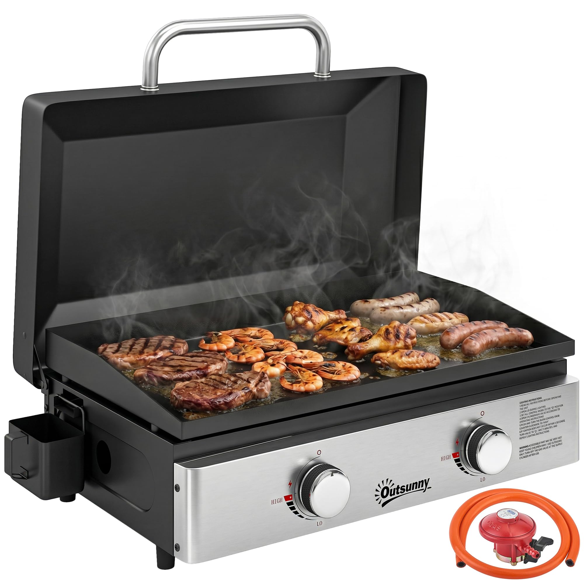 Outsunny 2 Burner Grill Griddle, Portable Gas Plancha, 6 kW, Tabletop Gas BBQ with Grease Cup for Camping Picnic Patios, Black
