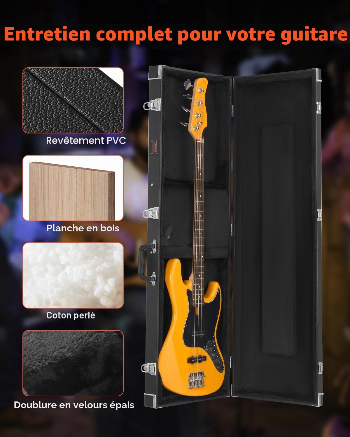 VEVOR Étui Guitare Basse Rigide Rectangulaire 1220 mm avec Verrouillage à Clés, Poignée, Rembourrage en PVC, Doublure Souple, Résistants à l'eau, pour Guitares Basses de 39-46,5 po 99-118 cm, Noir
