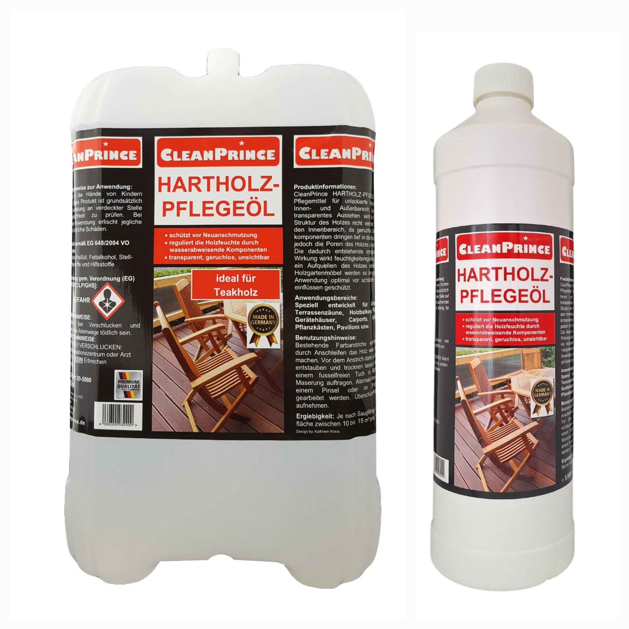 6 x 1 Litro = 6 cleanprince Madera Dura Aceite de Mantenimiento a 1000 ML Teca Bankirai para Cuidado Hartholöl Hartholzpflege Muebles Mesa Banco Sillas Carpintero Necesidades Accesorio Impregnar