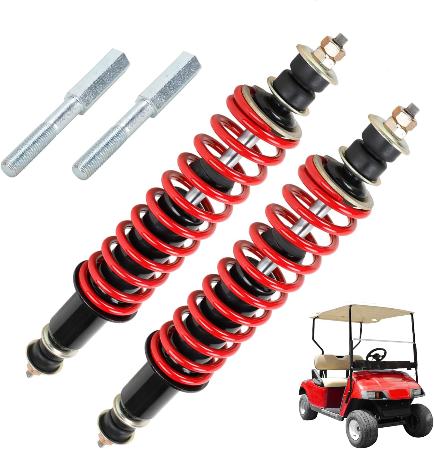 Roykaw Golf Cart Front and Rear Shock Absorbers Kit Compatible with EZGO TXT/Medalist (1994-up) Gas and Electric Models, Red Coil Over Shock Absorbers, 2PCS, OEM# 70928-G01, 76418-G01, 70630-G01