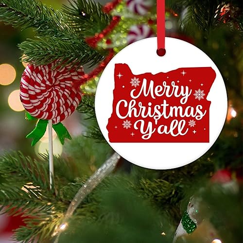 Miniatura 3 de Oregon Adornos para árbol de Navidad, Feliz Navidad, decoraciones de Navidad para árbol de EE. UU., adornos redondos de cerámica para decoraciones