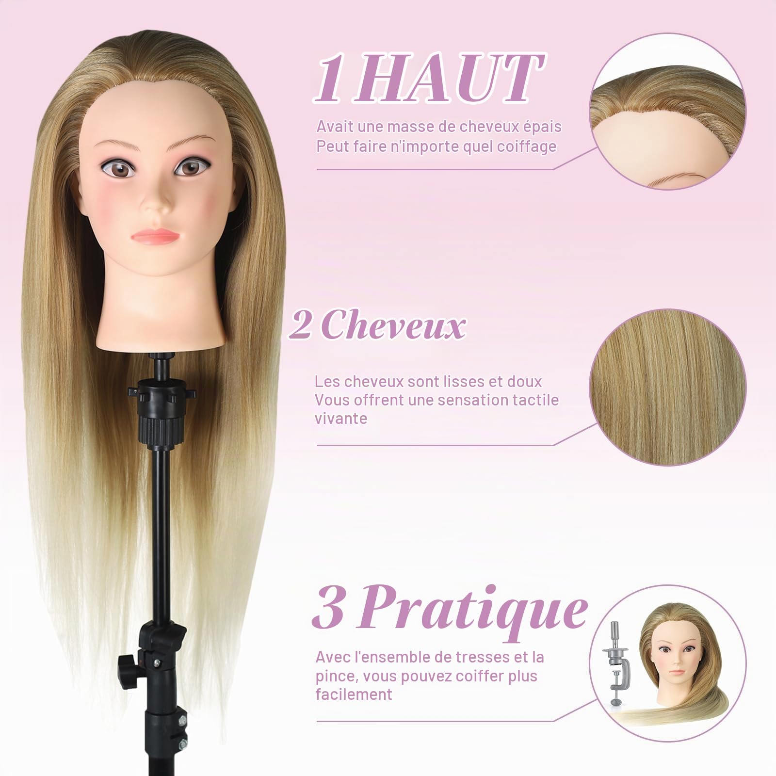 Neverland Tête À Coiffer Professionnelle Avec Trépied Support - 26'' Têtes d'exercice Coiffure 100% Cheveux Synthétiques Cosmétologie Pratique Mannequin Poupée pour le Salon Coiffeur