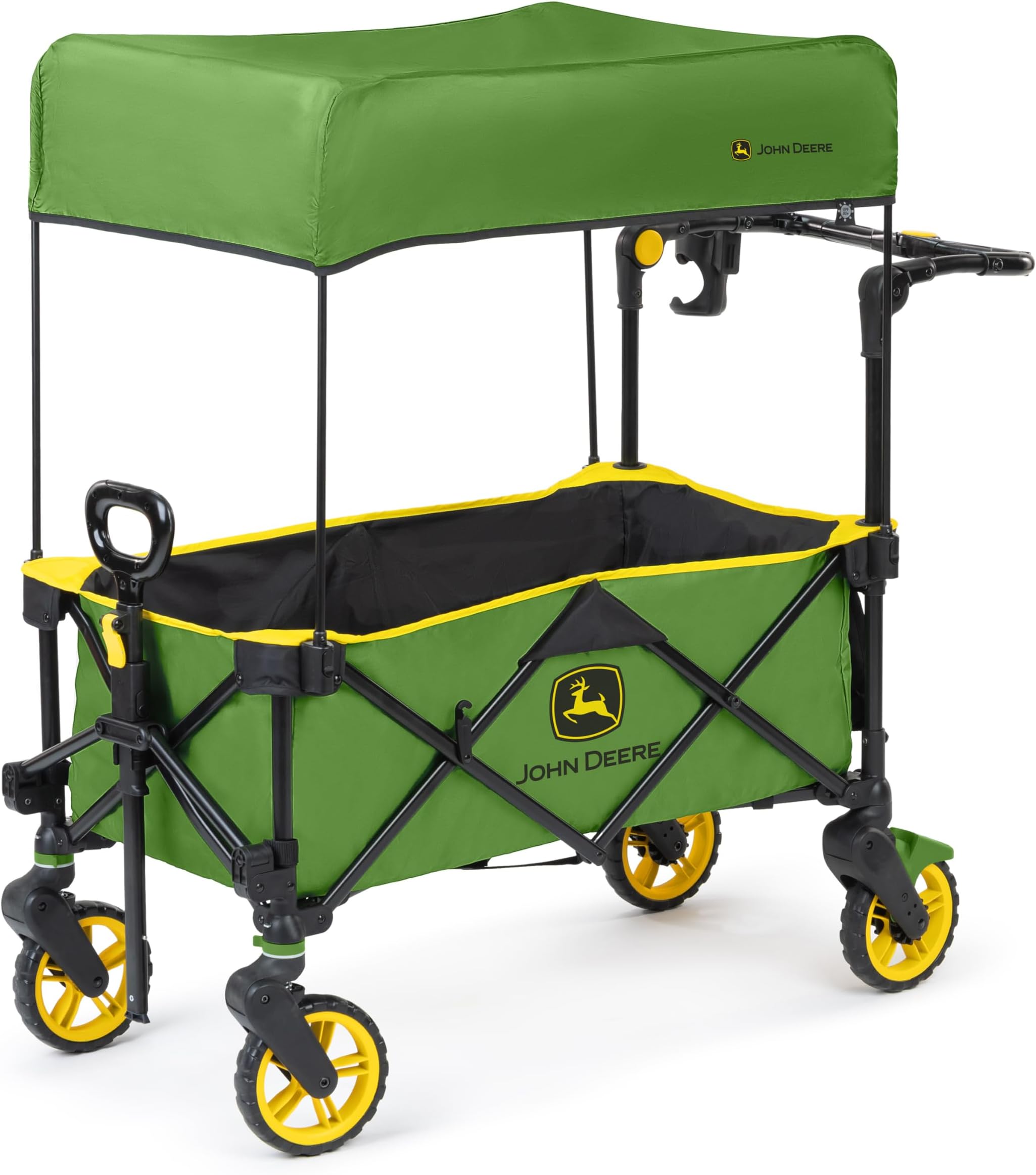 Bright Starts John Deere Pop 'N Ride Stroller Wagon, Foldable with Sun Shade 50+ SPF Protection, Seats 2 Kids at Once, Green & Yellow Unisex