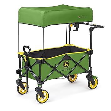 Bright Starts John Deere Pop 'N Ride Stroller Wagon, Foldable with Sun Shade 50+ SPF Protection, Seats 2 Kids at Once, Green & Yellow Unisex