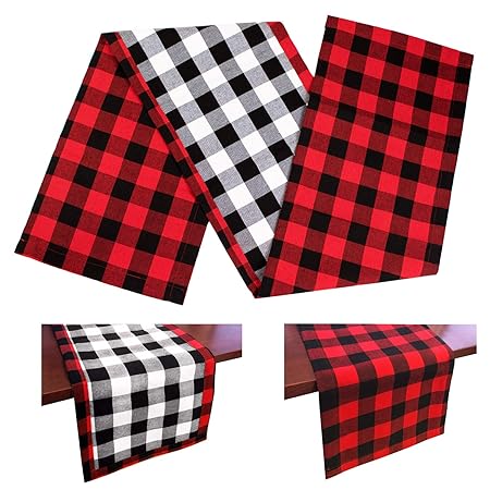 DAPUTOU Christmas Table Runner Red and Black Buffalo Check Plaid Double Sided Cotton Burlap Waterproof Table Runners for Farmhouse Holiday Christmas Table Decorations (Red/Black/White, 14 x 72inch)