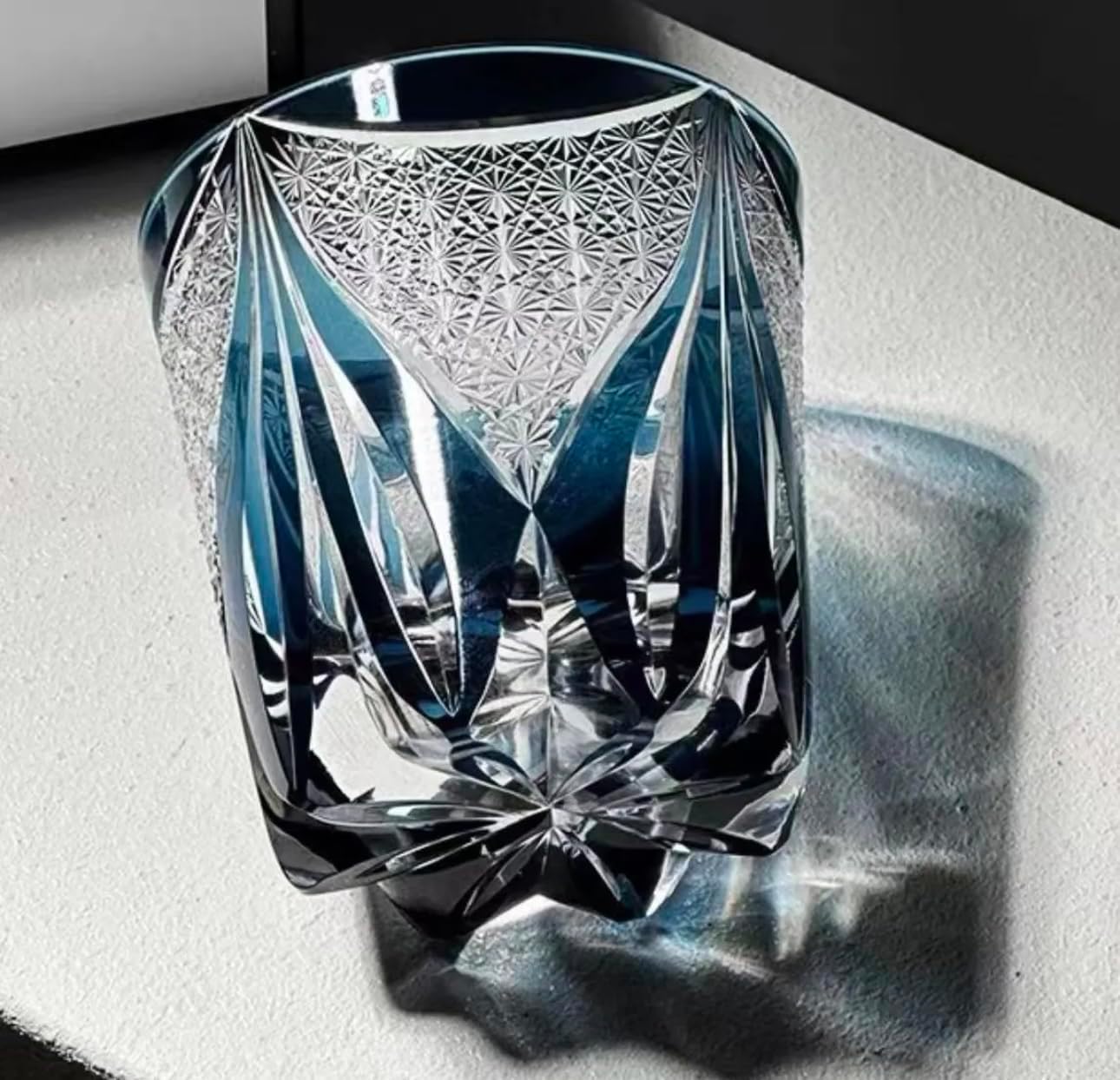 Edo Kiriko Whiskey Glass – Elegant Japanese Style Deep Blue Glass with Chrysanthemum & Flame Motif, Hand-Cut Spirits Tumbler for Whiskey & Cocktails - Image 2