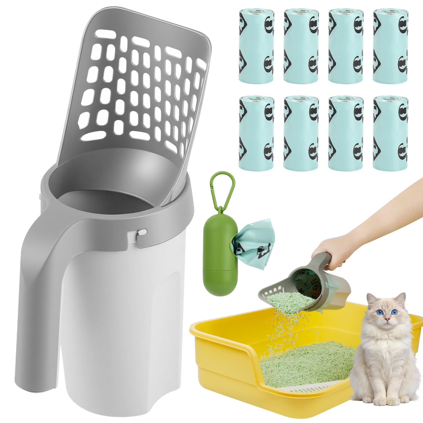 Adiwo Cat Poop Scoop with Holder, All-in-One Cat Litter Scoop with 1 Portable Dispenser and 120 Waste Bags, Large Capacity Litter Tray Scoop, for Traveling Bedrooms and Living Rooms