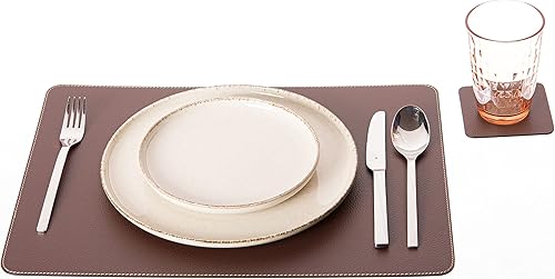 Miniatura 4 de Nikalaz Juego de manteles individuales y posavasos marrones, 4 manteles de mesa y 4 posavasos, cuero reciclado, manteles individuales de 18 x 13