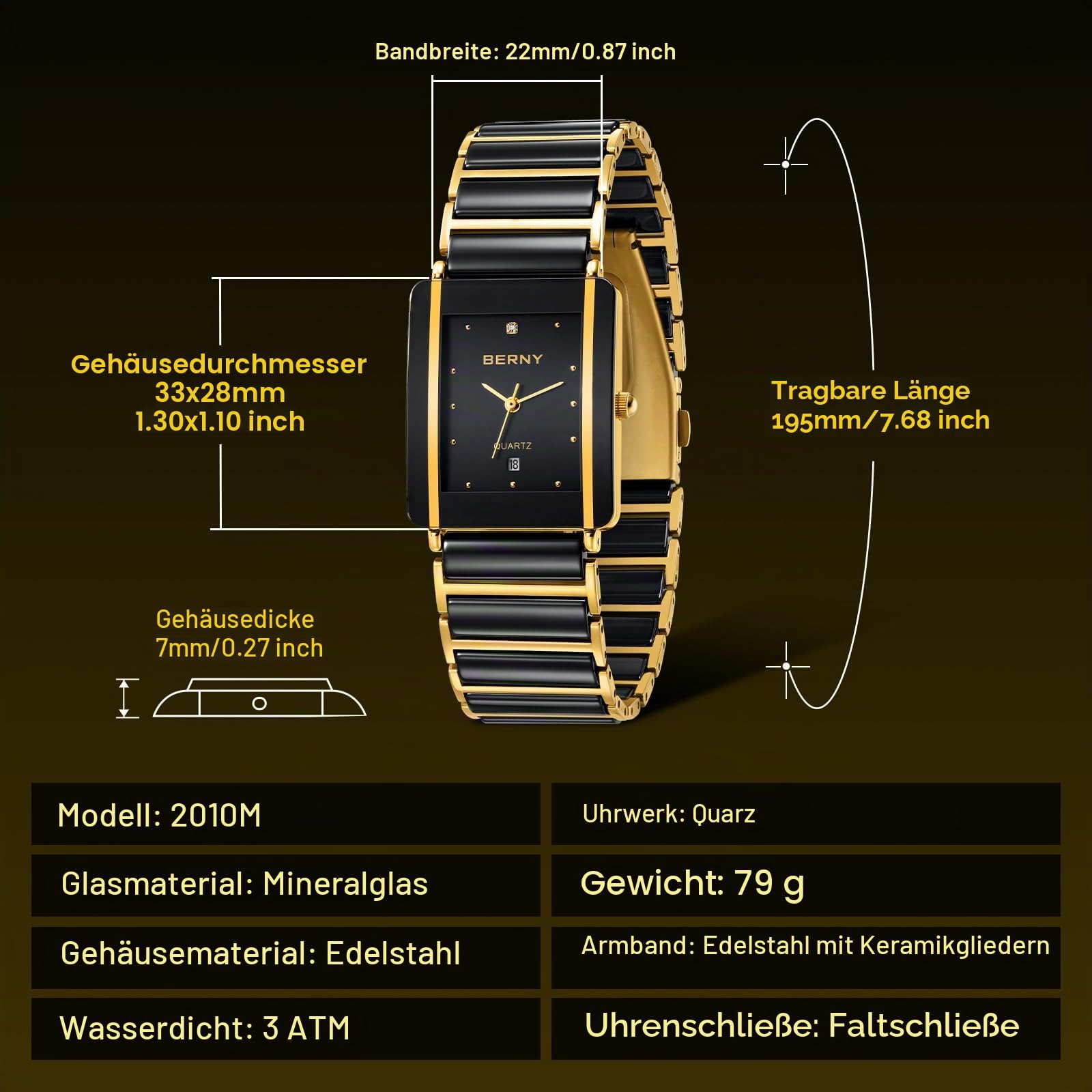 BERNY Herren Quarzuhren Rechteckige Uhren Keramikbänder Uhr Männliche Mode Armbanduhr wasserdichte Uhren Valentines Lover Geschenk für Männer…