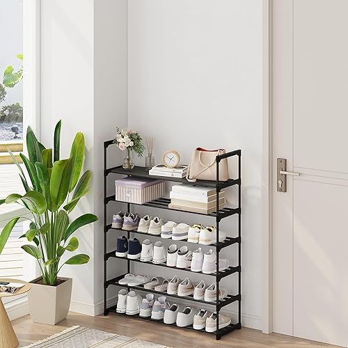 Miniatura 2 de Calmootey Zapatero de 6 niveles, estante apilable para zapatos, organizador de almacenamiento de zapatos para entrada, pasillo, color negro