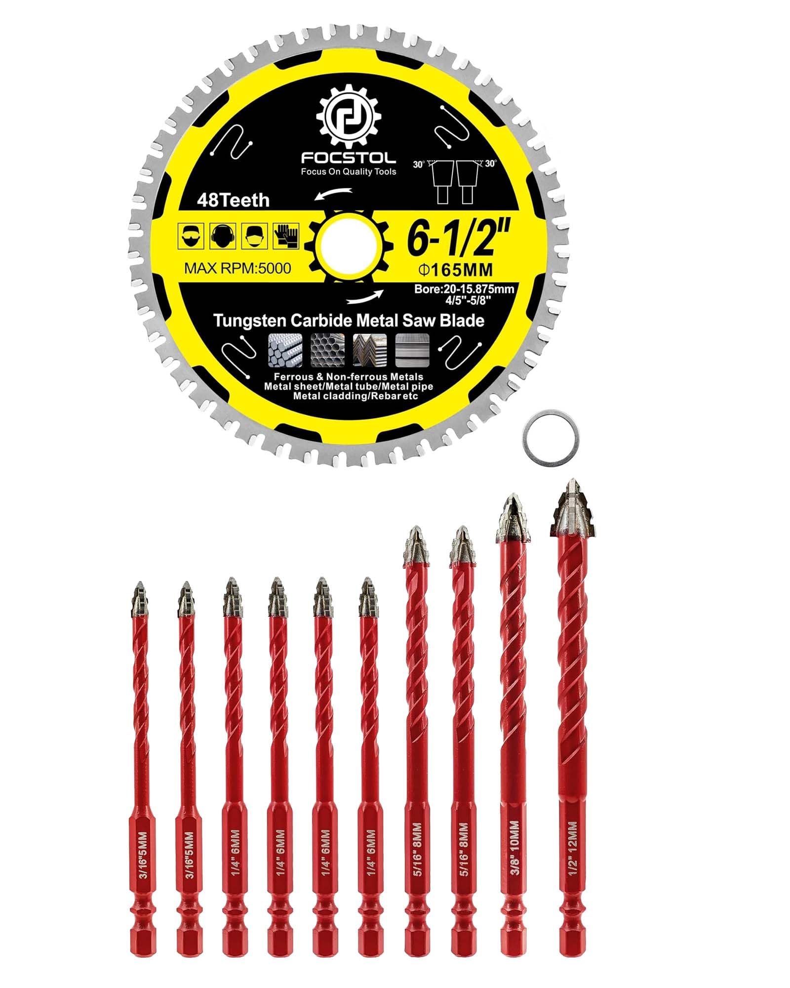 FOCSTOL Juego Brocas Seco 10 piezas 5/6/8/10/12mm Juego Brocas Carburo con Cambio Rápido Mango Hexagonal y Hoja de Sierra Circular para Metal 165mm x 20mm x 15,875mm