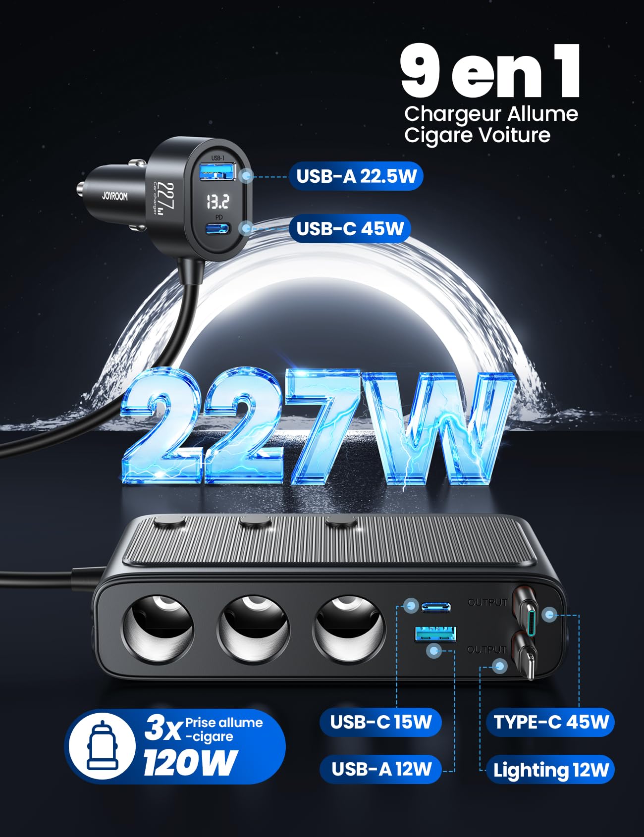 JOYROOM 9-en-1 Adaptateur Allume-Cigare 227W, avec 80cm rétractable 45W câble de charge rapide Type-C et Lightning, 12V/24V Prise Allume Cigare USB, Affichage du Tension par LED pour iPhone 17/Samsung
