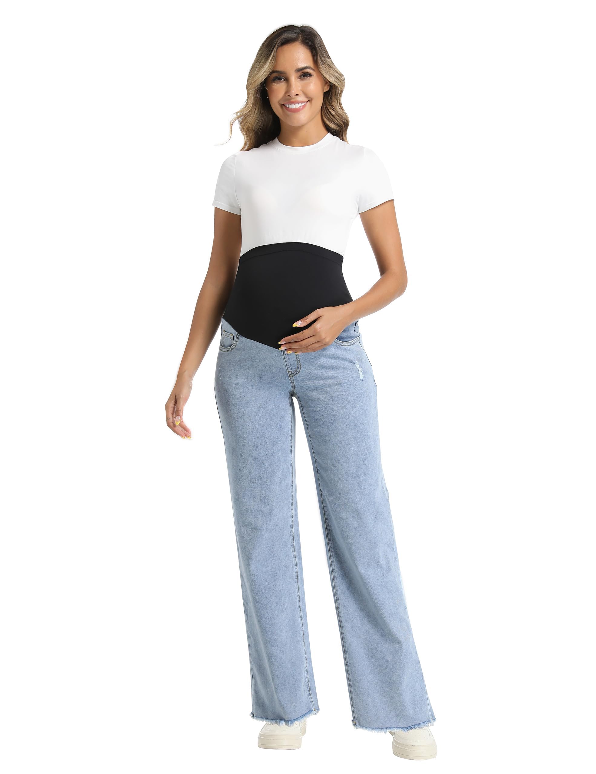 Damen Umstandsjeans über dem Bauch Geradem Bein Roher Saum Jean Umstandshose Denim Schwangerschaftsjeans mit Taschen