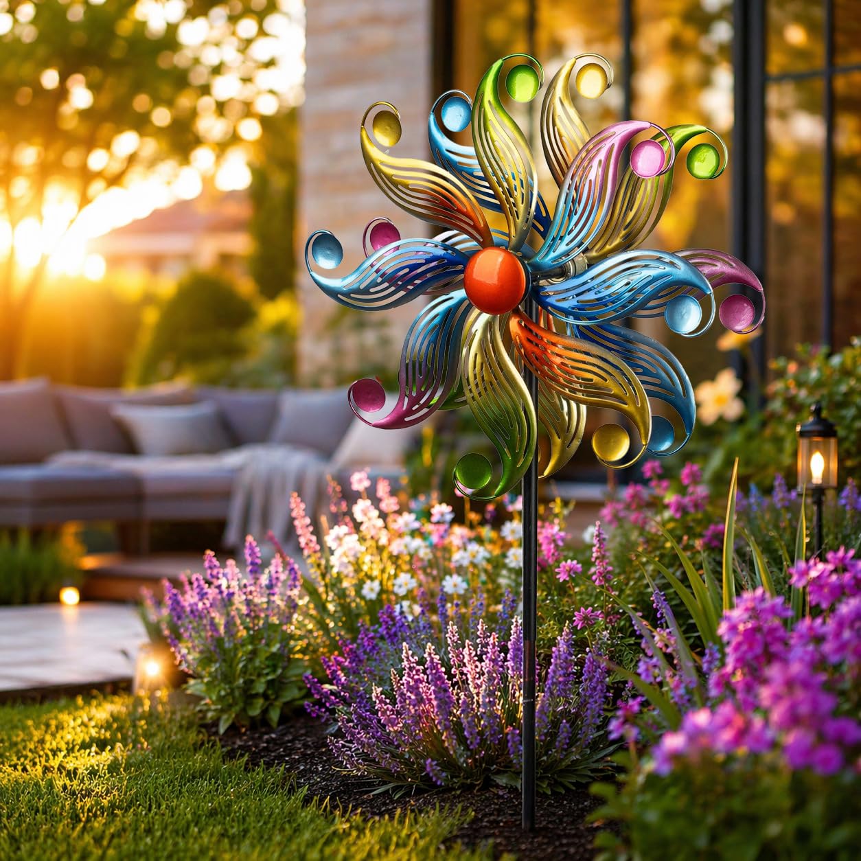 Kremers Schatzkiste Girandola a vento a forma di fiore, in metallo, con cuscinetti a sfera, Ø 30 cm/122 cm, con picchetto, 3 pezzi, decorazione da giardino resistente alle intemperie, per aiuole