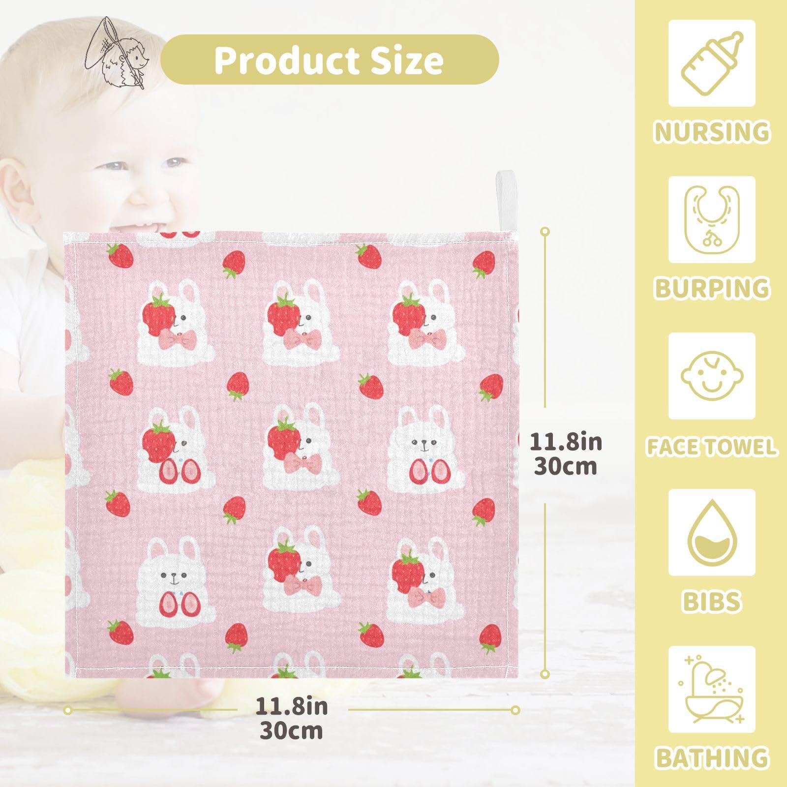 Nander 5Pack Baby Muslin Washcloths,Cute Strawberry Rabbit Soft Face Cloths for Newborn, Absorbent Bath Wash Cloths, Wipes, Burp Rag,Toddlers Essentials Stuff, Baby Registry as Shower