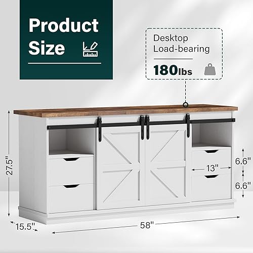 Vista 4 de JUMMICO Soporte de TV con 4 cajones para TV de 65 pulgadas, centro de entretenimiento de granja con almacenamiento y puertas corredizas de granero