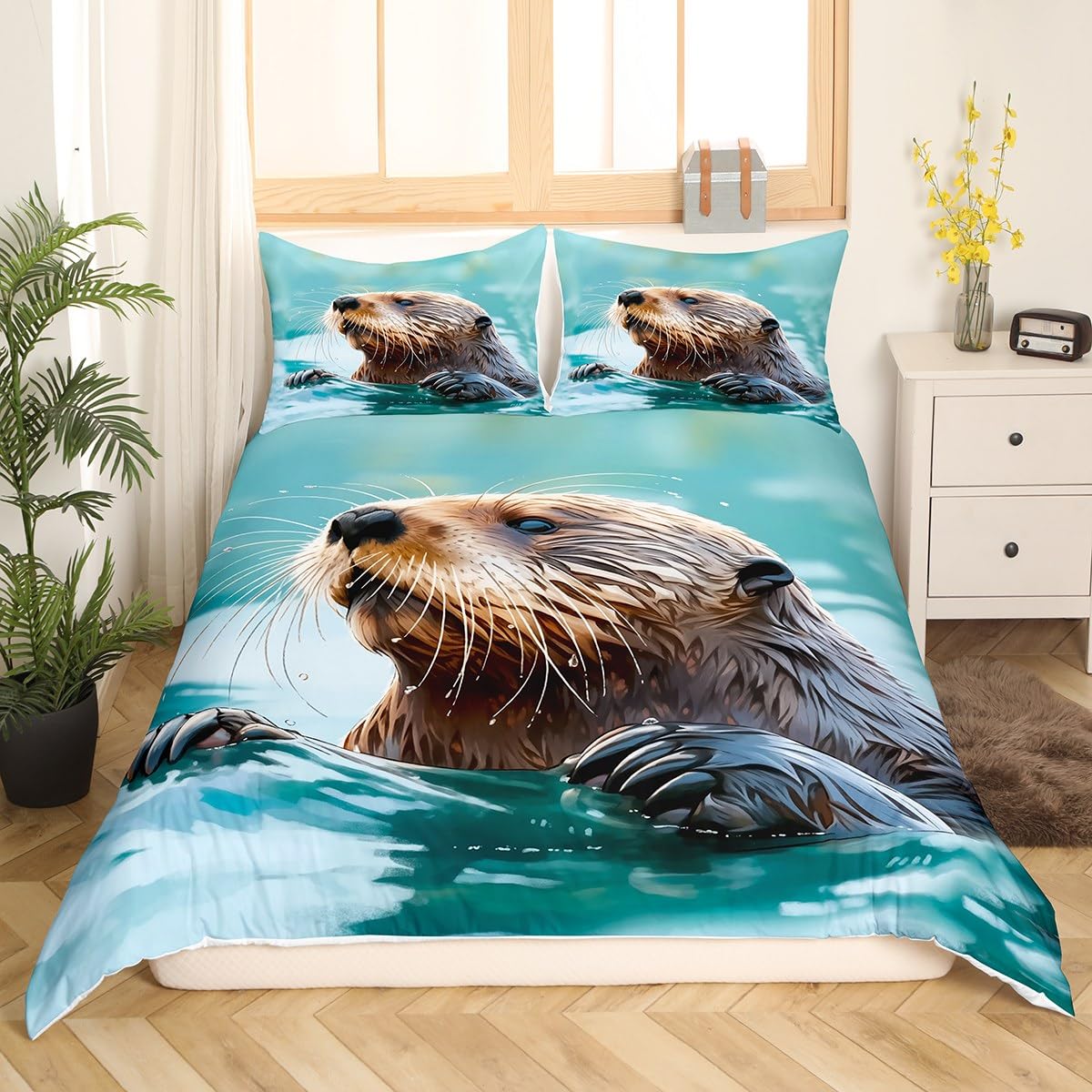 Juego de ropa de cama con diseño de nutria marina, funda de edredón para niños, niñas, temática de la vida marina, colcha con 2 fundas de almohada, 3 piezas de ropa de cama Super King