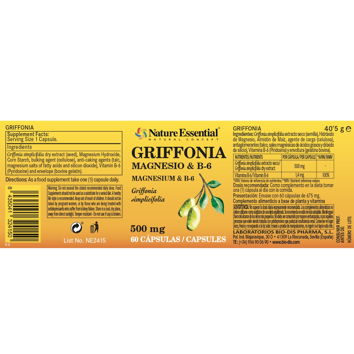 Nature Essential - Griffonia 500 miligramos - Pack 2-60 Cápsulas - Magnesio y Vitamina B8 - Ayuda a Dormir