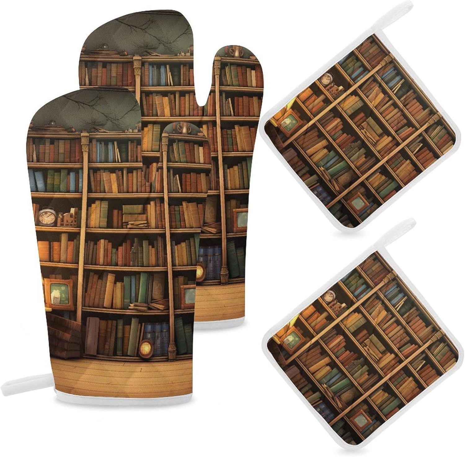 4-Piece Oven Mitts and Pot Holders Set Retro Bookshelf Printed Heat-Resistant Polyester Kitchen Gloves and Potholders Comfortable & Durable for Cooking Baking and Grilling