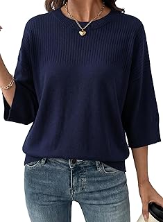 Womens Half Sleeve Casual Oversized Trendy Sweaters Crewneck Cropped Sweater Knit Tops