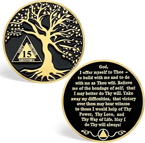 15 Year Sobriety Coins, Tree of Life 15 Year AA Medallions - AA Sobriety Chips Recovery Coins Sober Tokens for Alcoholics Anonymous Recovery Sober Gifts for Men Women