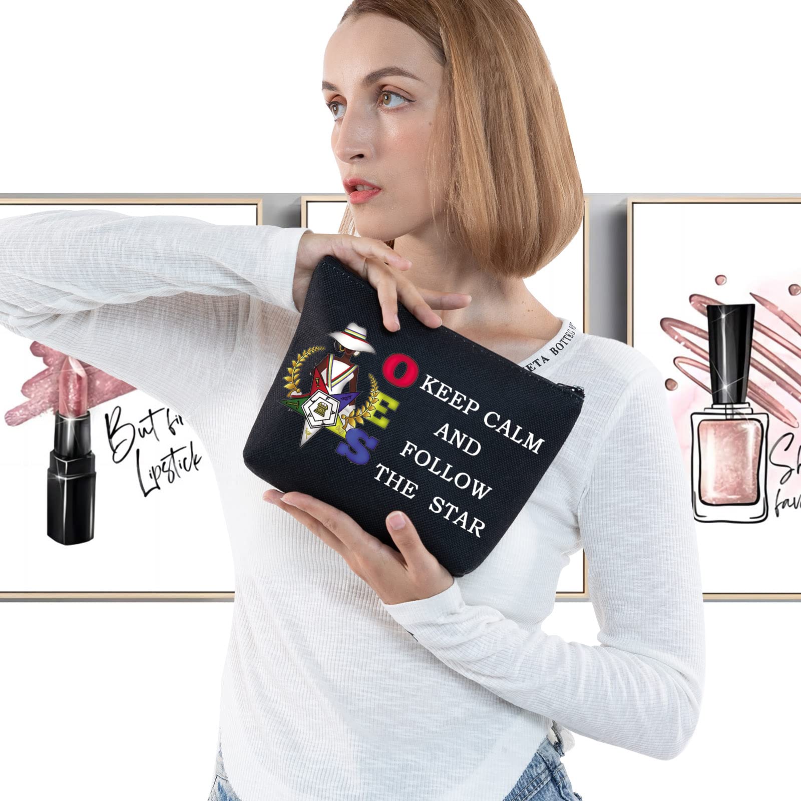 LEVLO Order of The Eastern Star Sorority Cosmetic Make Up Bag OES Sorority Gift Keep Calm And Follow The Star Makeup Zipper Pouch Bag for Women Girls Follow The Star Black - Image 3