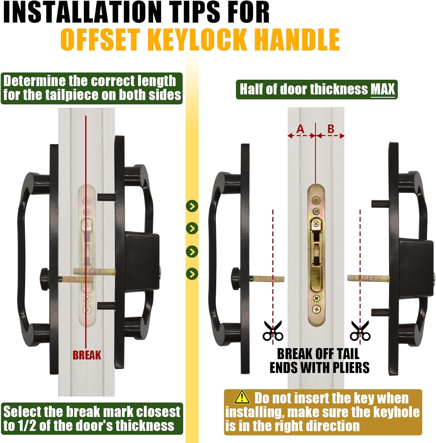 Patio Sliding Glass Door Handle Set with Mortise Lock 45° Keyway, Keyed Offset Position Zinc Diecast I/E Pull Handles, Fits 3-15/16" H.C., 1-3/8" to 2-1/4" Thick Doors, Non-Handed, Black
