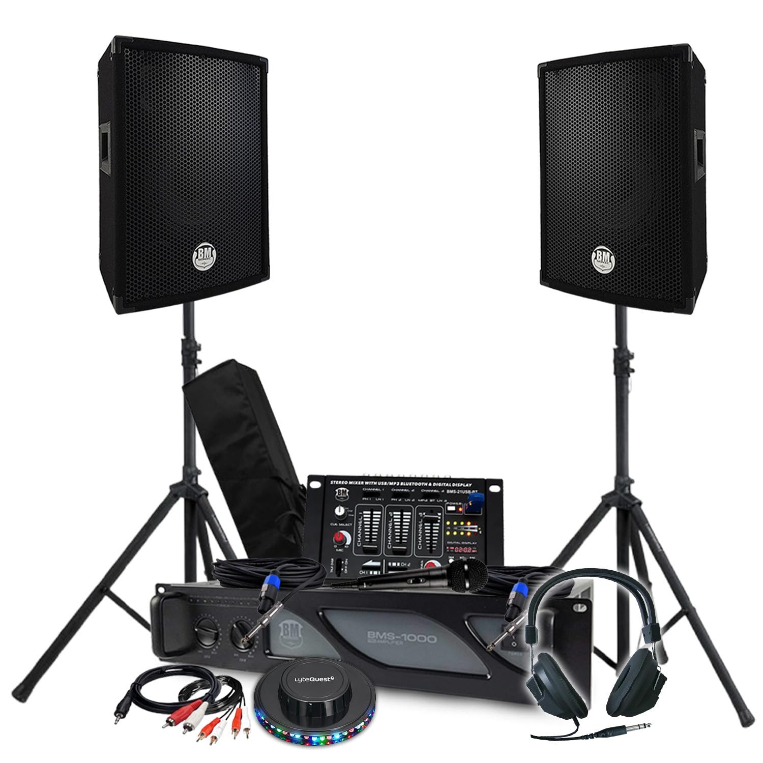 BM Bmsonic Pack Sono 1600W Amplificateur 1000W, Paire d'Enceintes, Table de Mixage USB Bluetooth, Pieds, Casque, Câbles, Micro Ovni LED DJ Fête