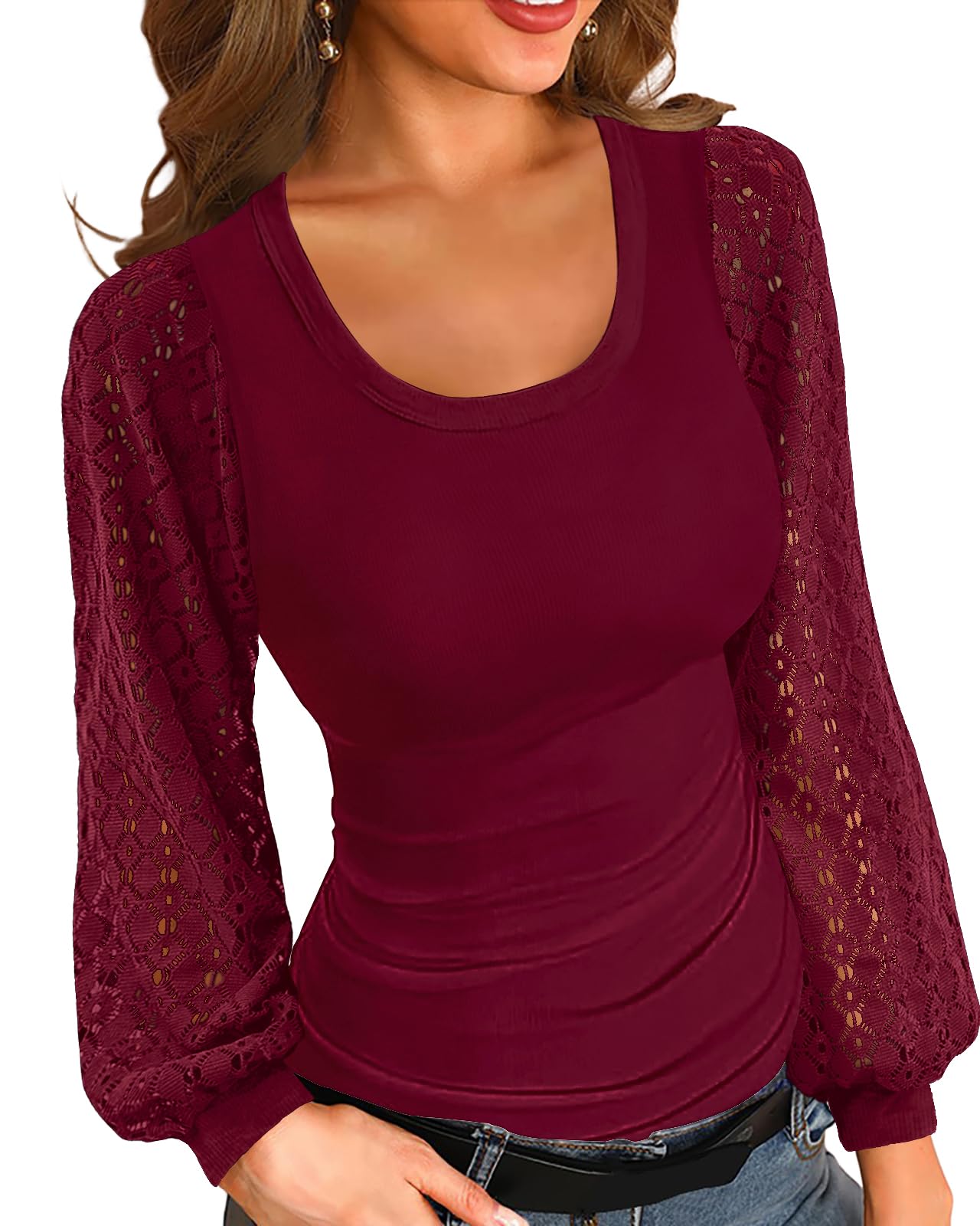 Basicspace Damen solide Farbe Spitze Langarm-Shirt Rundhalsausschnitt einzigartiges Design T Shirt haben Herbst und Winter atmungsaktiv Stretch hautfreundliche Tops