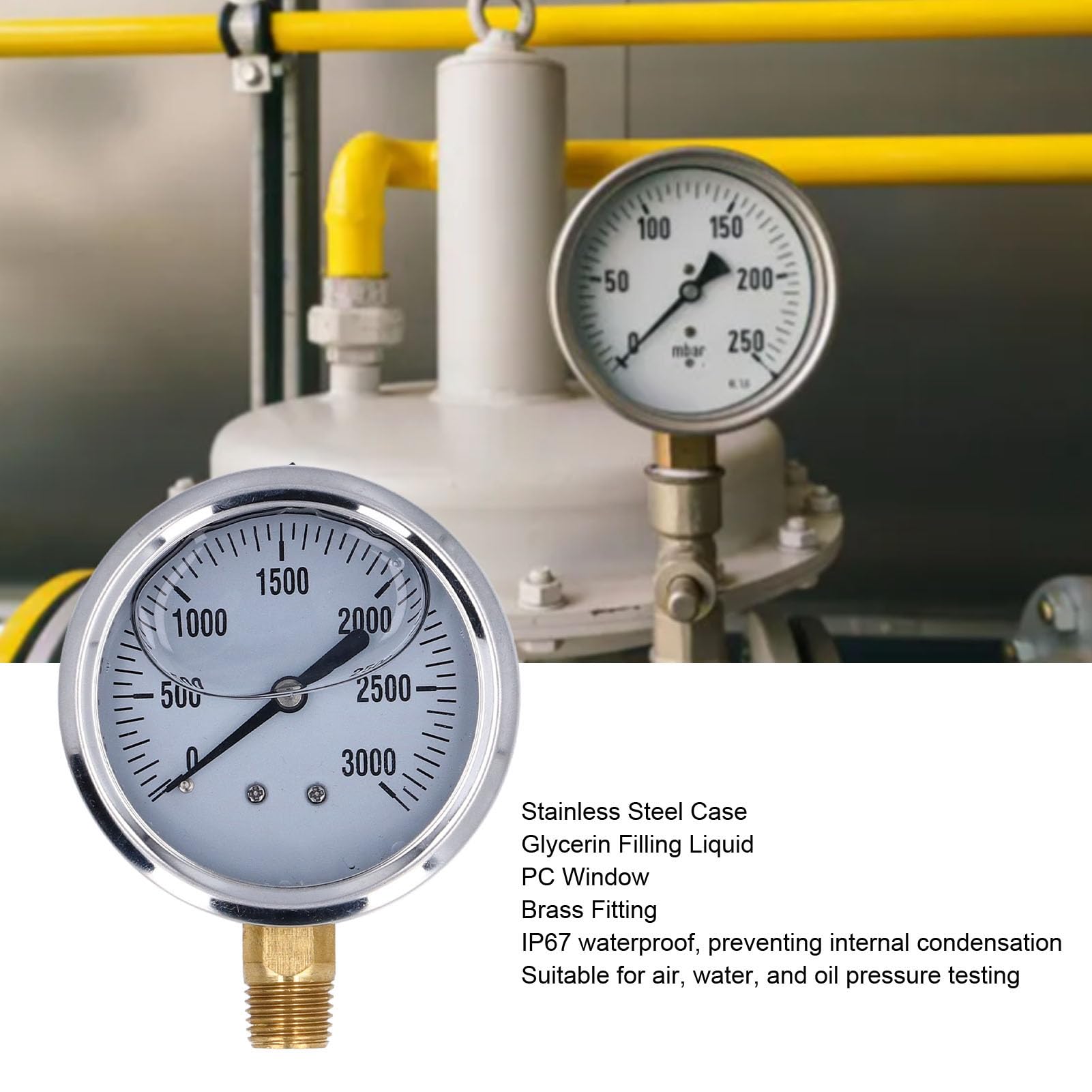Manómetro hidráulico de 3000 psi, manómetro de presión con esfera de 2,5 pulgadas lleno de líquido de glicerina, medidor de presión de acero inoxidable de 1/4 Npt, dispositivo de medición de presión