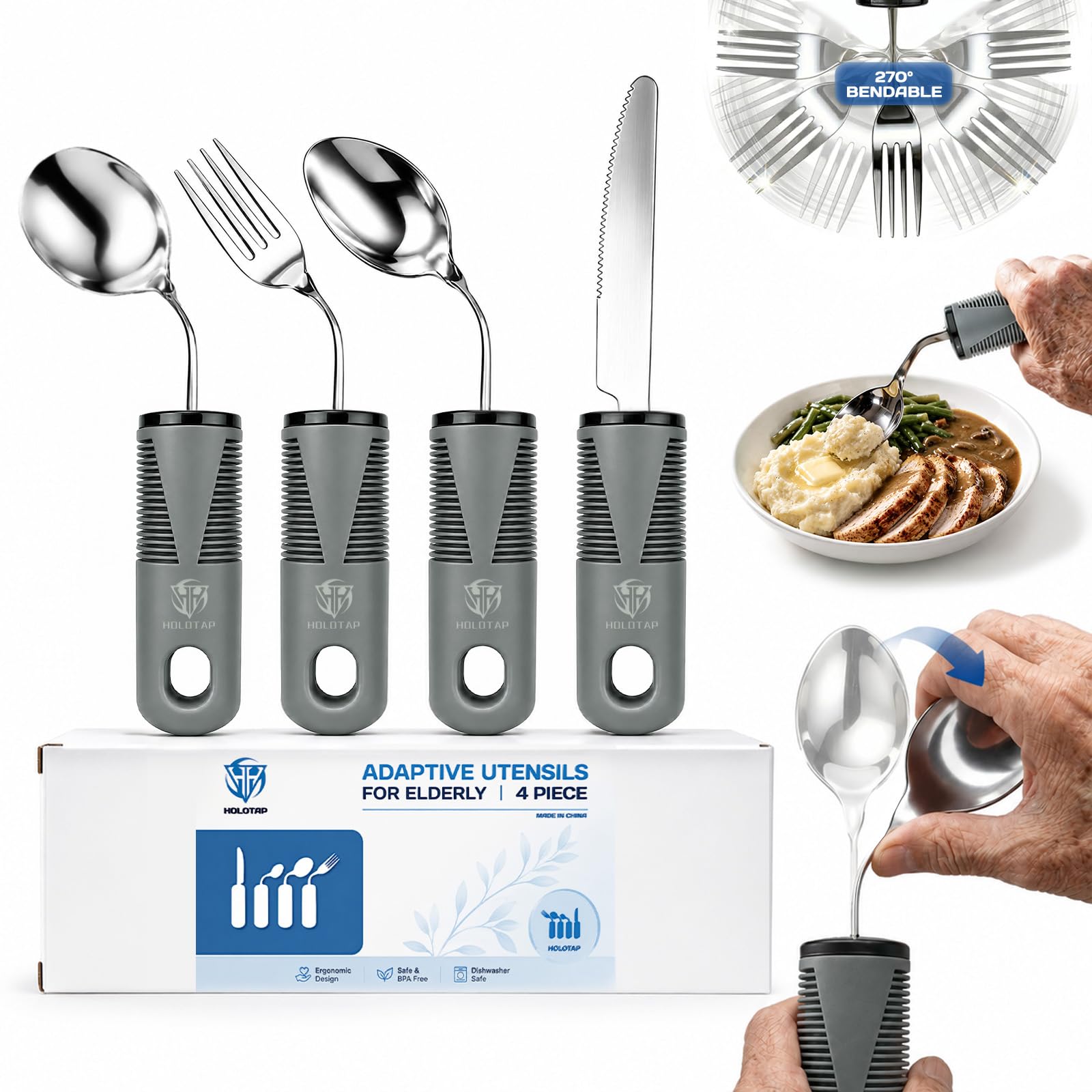 Holotap Adaptive Utensils for Hand Tremors,Elderly 270° Adjustable 4PCS