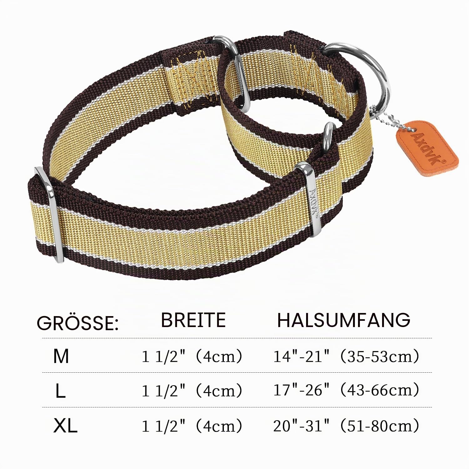 Martingale Halsband für Hunde-4 cm Breites, 1600D Hochfestes Ausbruchssicheres Nylon-Halsband mit 3-Farben Streifen-Zugfest & Langlebig für Mittelgroße bis Sehr Große Hunde M, Khaki&Dunkelbraun