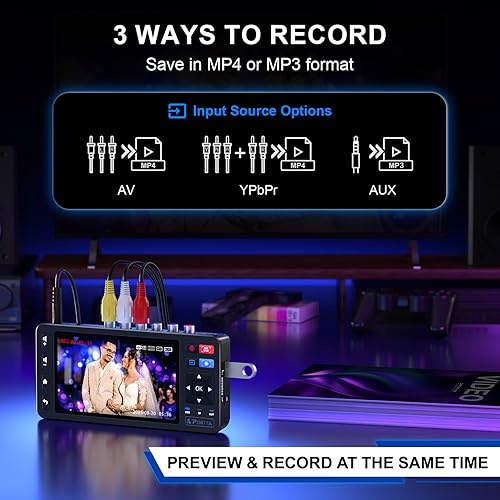 Miniatura 2 de Portta Convertidor VHS a digital con pantalla HD de 5 pulgadas, grabadora de captura de video convertida a MP4 compatible con VHS, VCR, DVR, DVD,