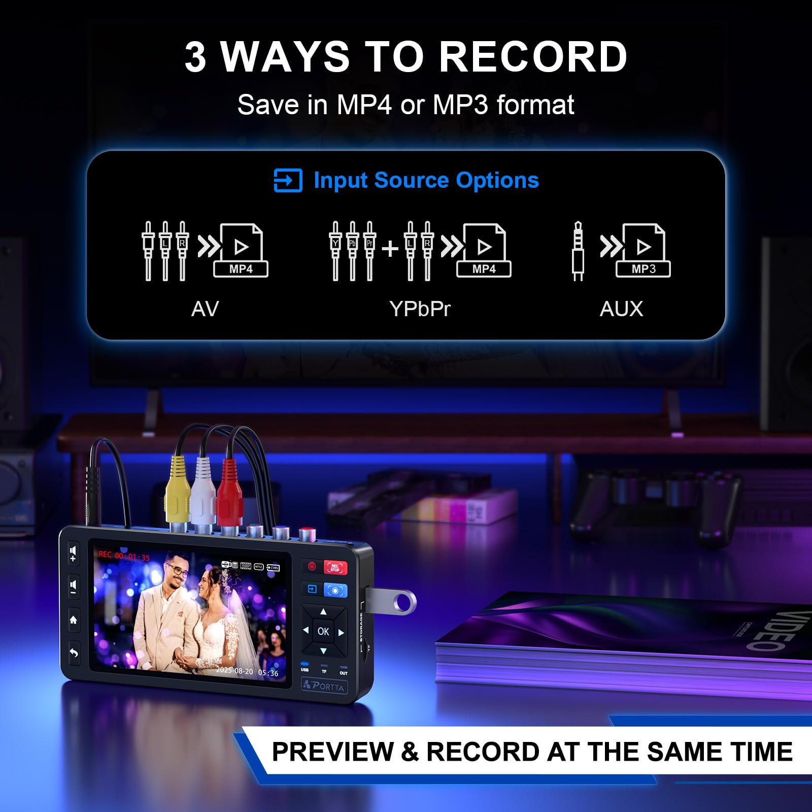 PORTTA Convertitore VHS a digitale con schermo HD da 5", registratore di acquisizione video, converte in MP4 compatibile con VHS, VCR, DVR, DVD, Hi8, videocamere (nastri/lettore DVD non inclusi)